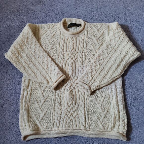 Irish Woolen Mills Sweater Mens Medium Beige Wool Cableknit Roll Neck Fisherman - Picture 1 of 11
